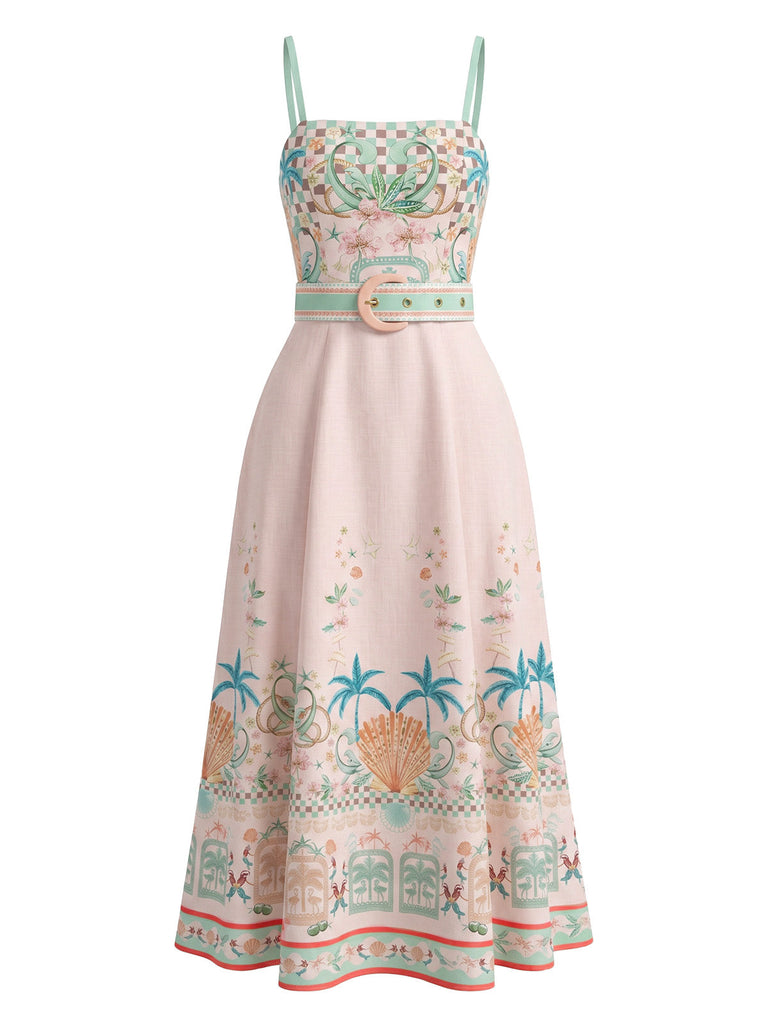 Abito con Spalline Rosa Stampa Tropicale Palme e Conchiglie con Cintura Anni '70
