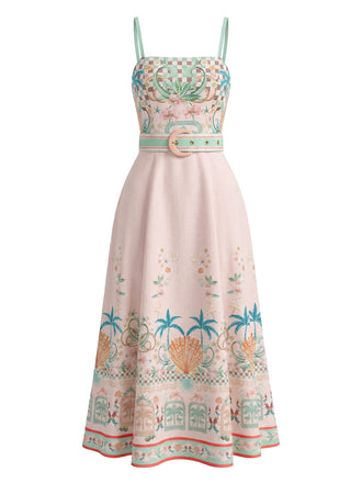 Abito con Spalline Rosa Stampa Tropicale Palme e Conchiglie con Cintura Anni '70