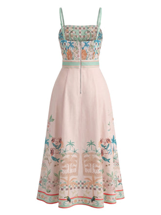 Abito con Spalline Rosa Stampa Tropicale Palme e Conchiglie con Cintura Anni '70 2