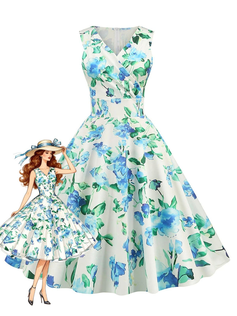 Abito Svasato Senza Maniche Floreale Scollo Surplice Anni '50