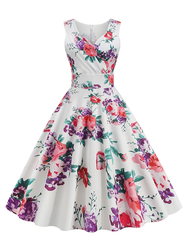Abito Svasato Senza Maniche Floreale Scollo Surplice Anni '50 4