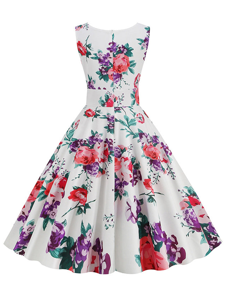 Abito Svasato Senza Maniche Floreale Scollo Surplice Anni '50 5