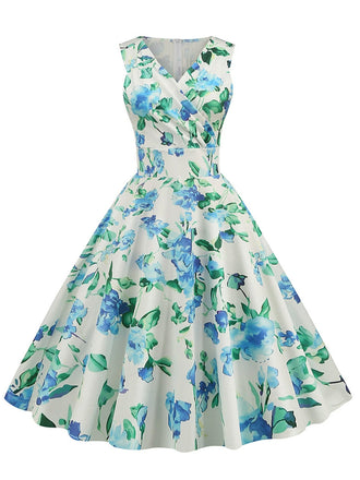 Abito Svasato Senza Maniche Floreale Scollo Surplice Anni '50 2