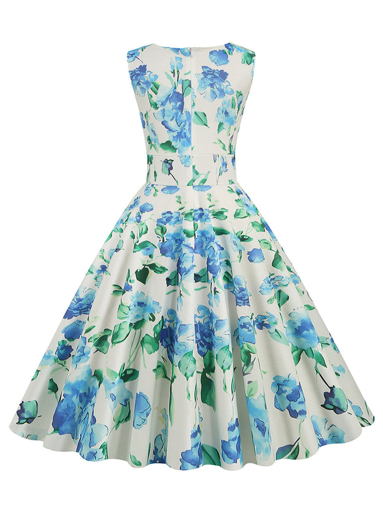 Abito Svasato Senza Maniche Floreale Scollo Surplice Anni '50 3