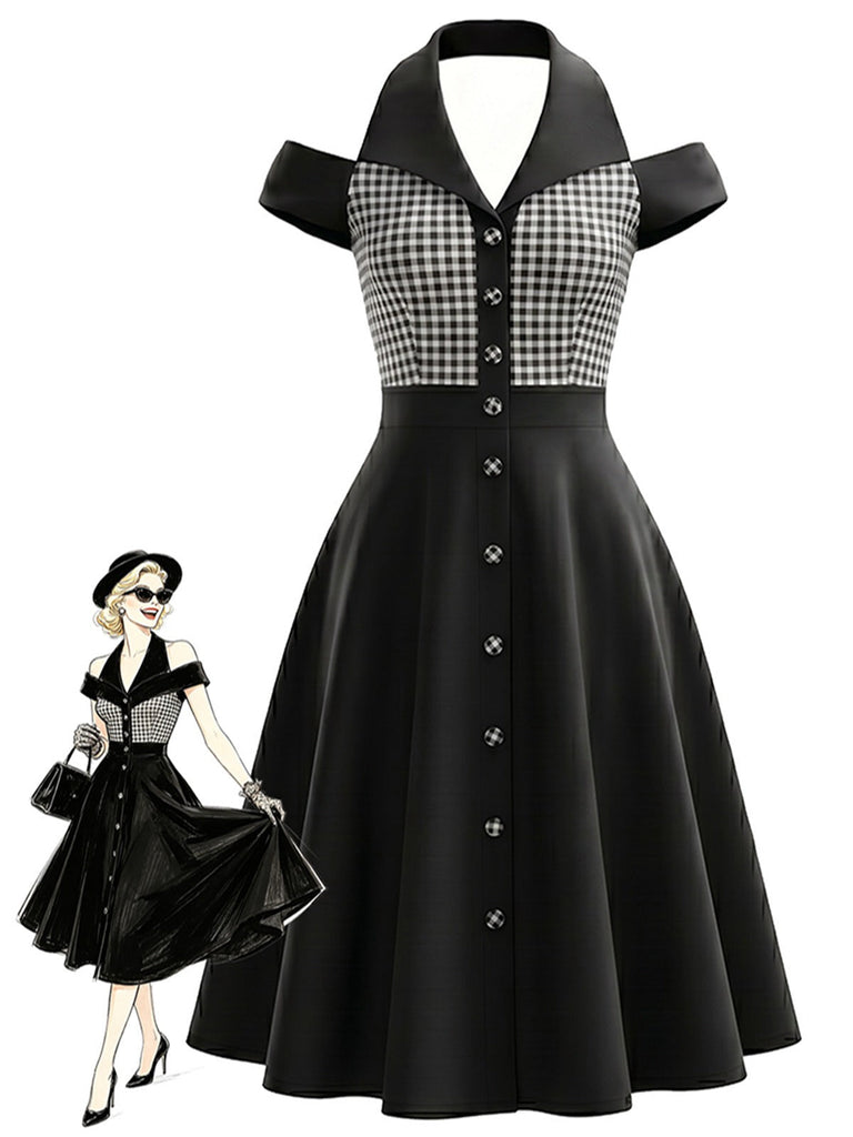 [Prevendita] Abito Nero e Bianco Anni '50 Vichy a Quadri con Scollo all'Americana Spalle Scoperte