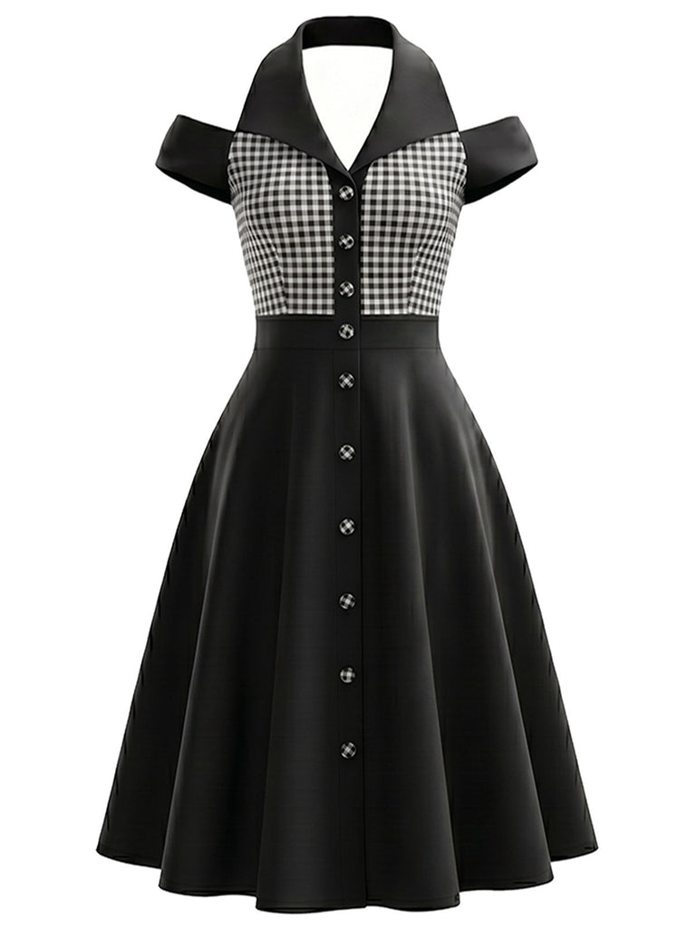 [Prevendita] Abito Nero e Bianco Anni '50 Vichy a Quadri con Scollo all'Americana Spalle Scoperte 2