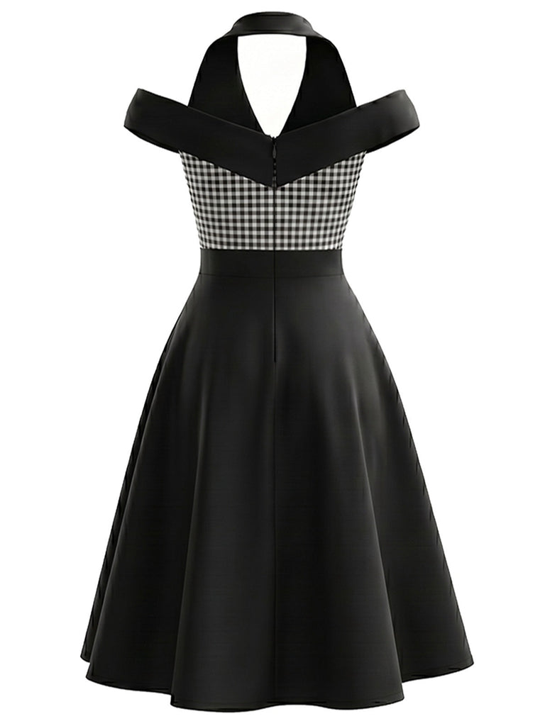 [Prevendita] Abito Nero e Bianco Anni '50 Vichy a Quadri con Scollo all'Americana Spalle Scoperte 3