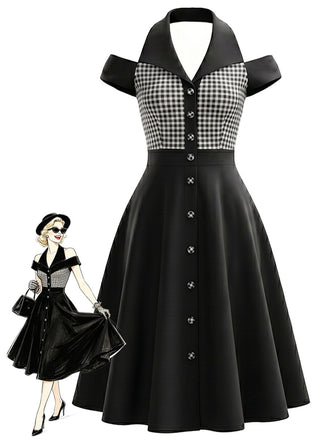 [Prevendita] Abito Nero e Bianco Anni '50 Vichy a Quadri con Scollo all'Americana Spalle Scoperte
