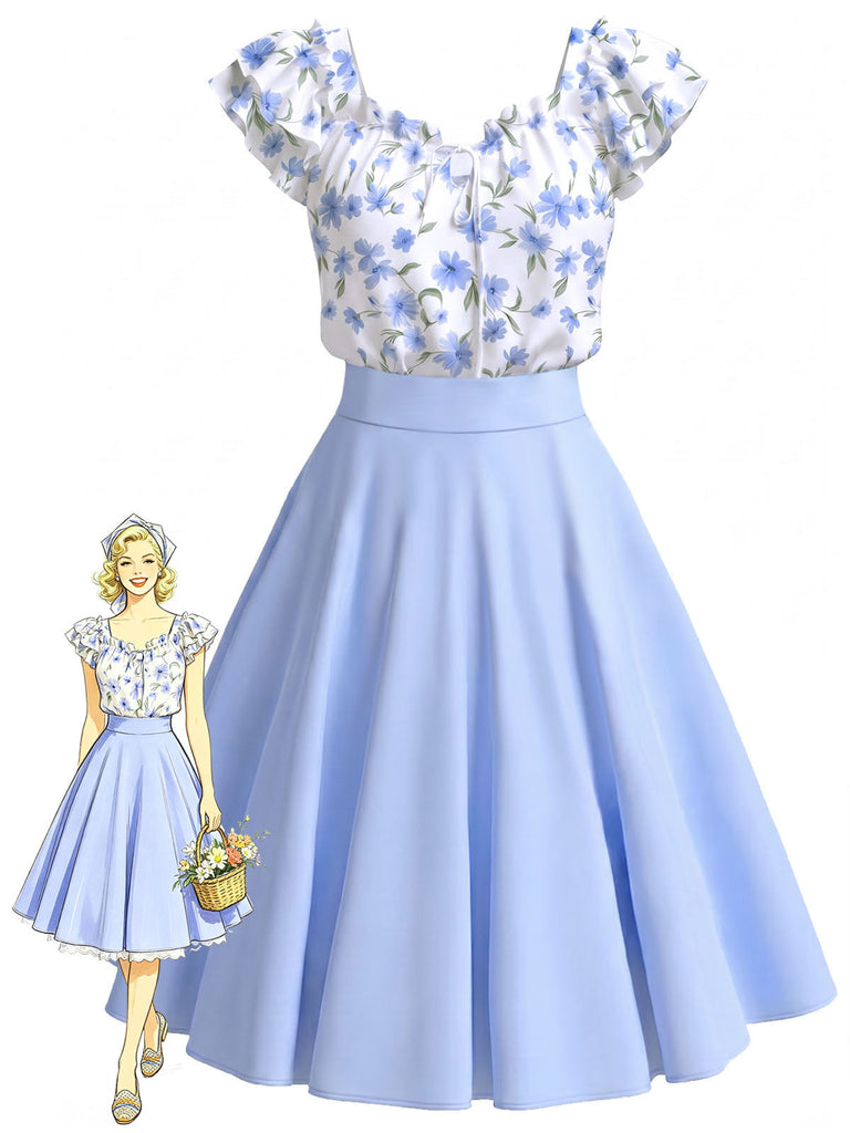 [Prevendita] Abito Blu con Stampa Floreale Ruches e Tasche Anni '50