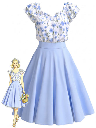 [Prevendita] Abito Blu con Stampa Floreale Ruches e Tasche Anni '50