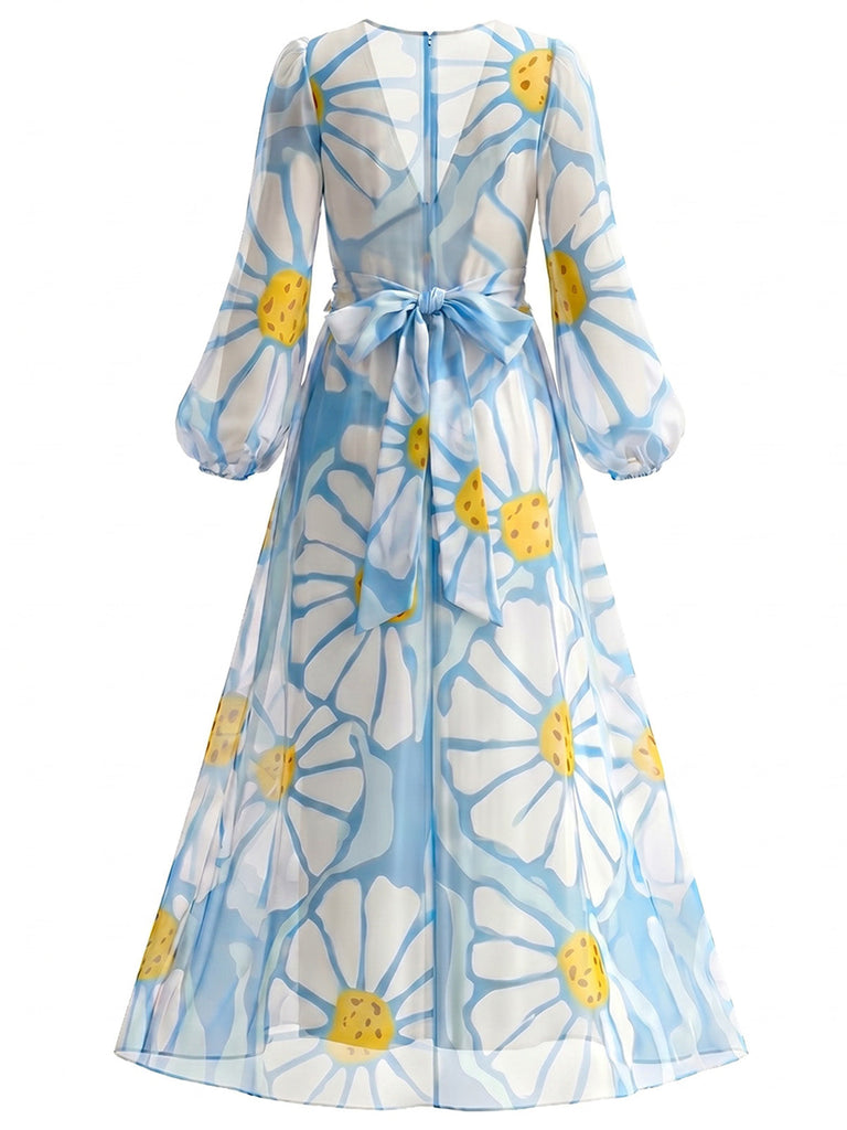 [Prevendita] Abito Maxi Blu Scollo a V Grande Margherita con Spacco Anni '70 3