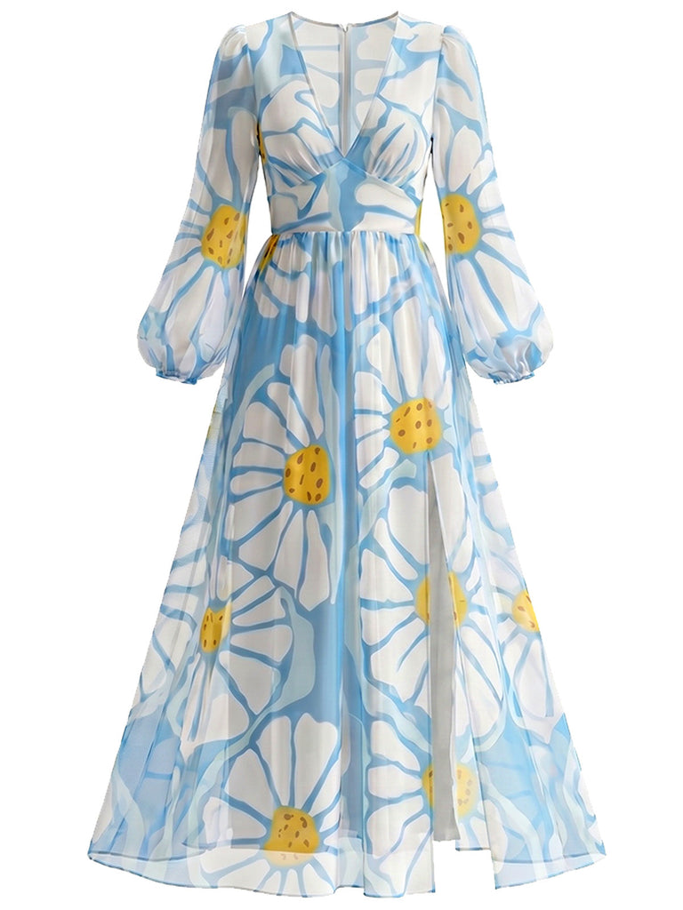 [Prevendita] Abito Maxi Blu Scollo a V Grande Margherita con Spacco Anni '70 2