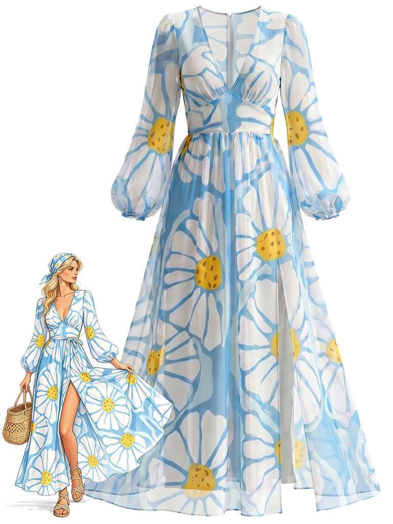 [Prevendita] Abito Maxi Blu Scollo a V Grande Margherita con Spacco Anni '70