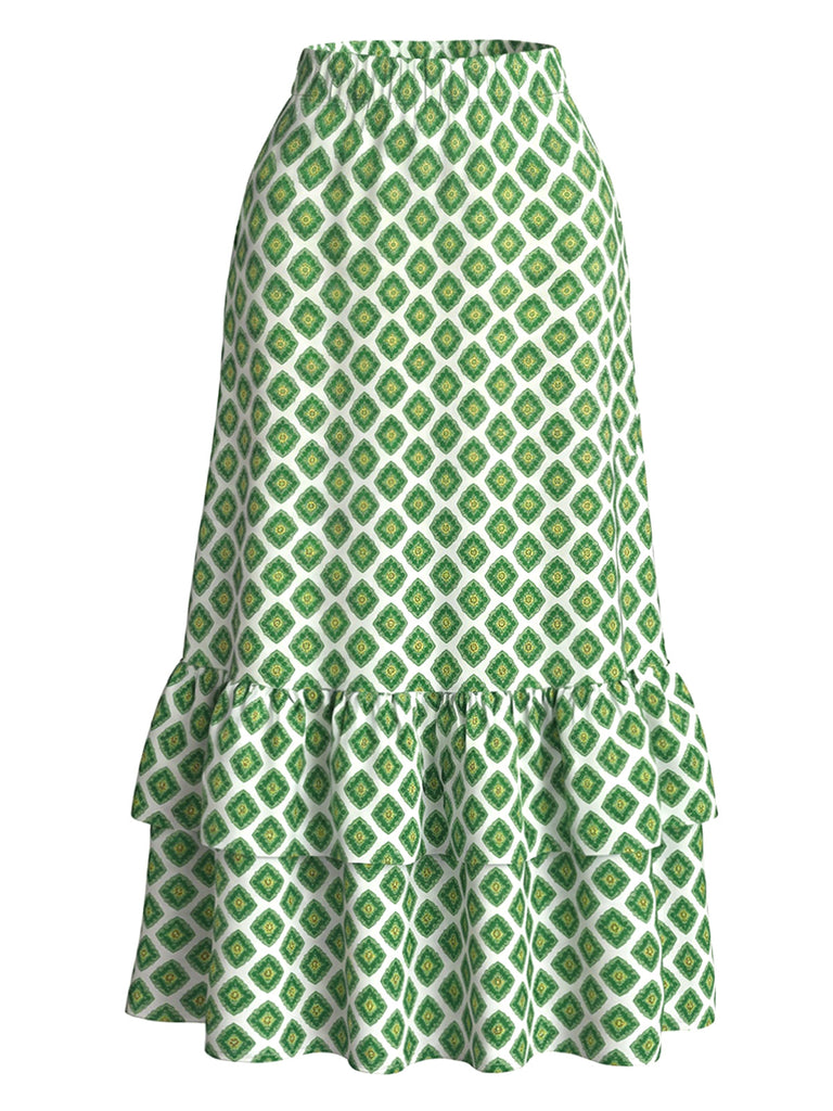 [Prevendita] Gonna Lunga Verde Anni '60 Geometrico Stampa Orlo con Volant 2