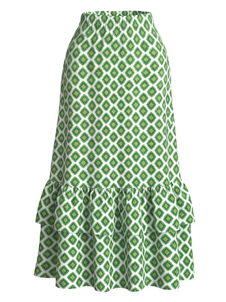 [Prevendita] Gonna Lunga Verde Anni '60 Geometrico Stampa Orlo con Volant 2