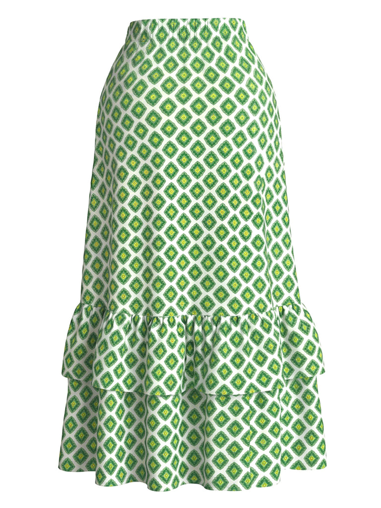 [Prevendita] Gonna Lunga Verde Anni '60 Geometrico Stampa Orlo con Volant 3