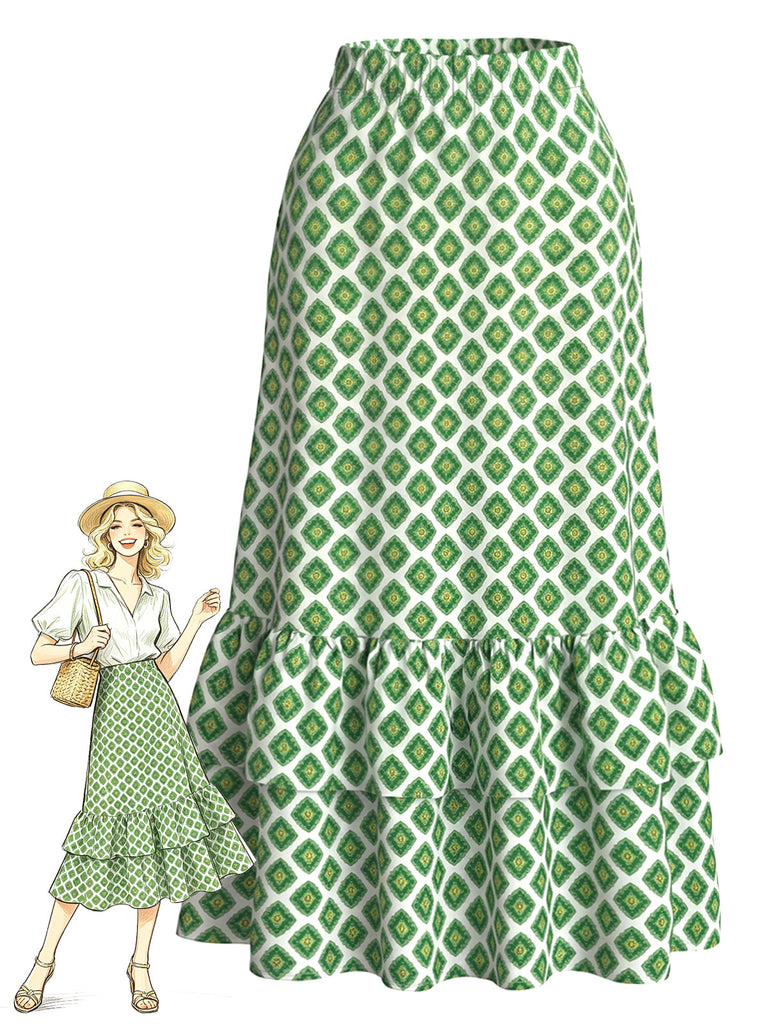 [Prevendita] Gonna Lunga Verde Anni '60 Geometrico Stampa Orlo con Volant