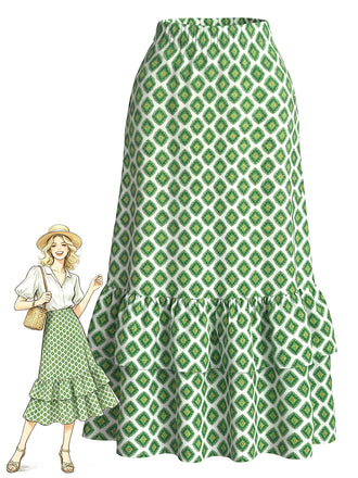 [Prevendita] Gonna Lunga Verde Anni '60 Geometrico Stampa Orlo con Volant