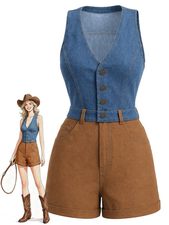 [Prevendita] Tuta Corta Bicolore Finto Denim Scollo a V con Bottoni Anni '70