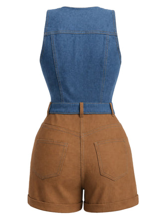 [Prevendita] Tuta Corta Bicolore Finto Denim Scollo a V con Bottoni Anni '70 2