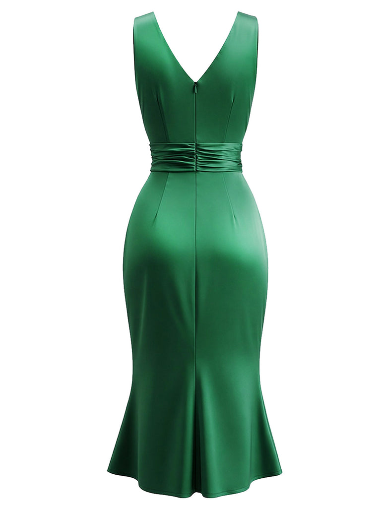 [Prevendita] Abito Verde Anni '50 in Raso Arricciato con Scollo a V e Gonna a Sirena 3
