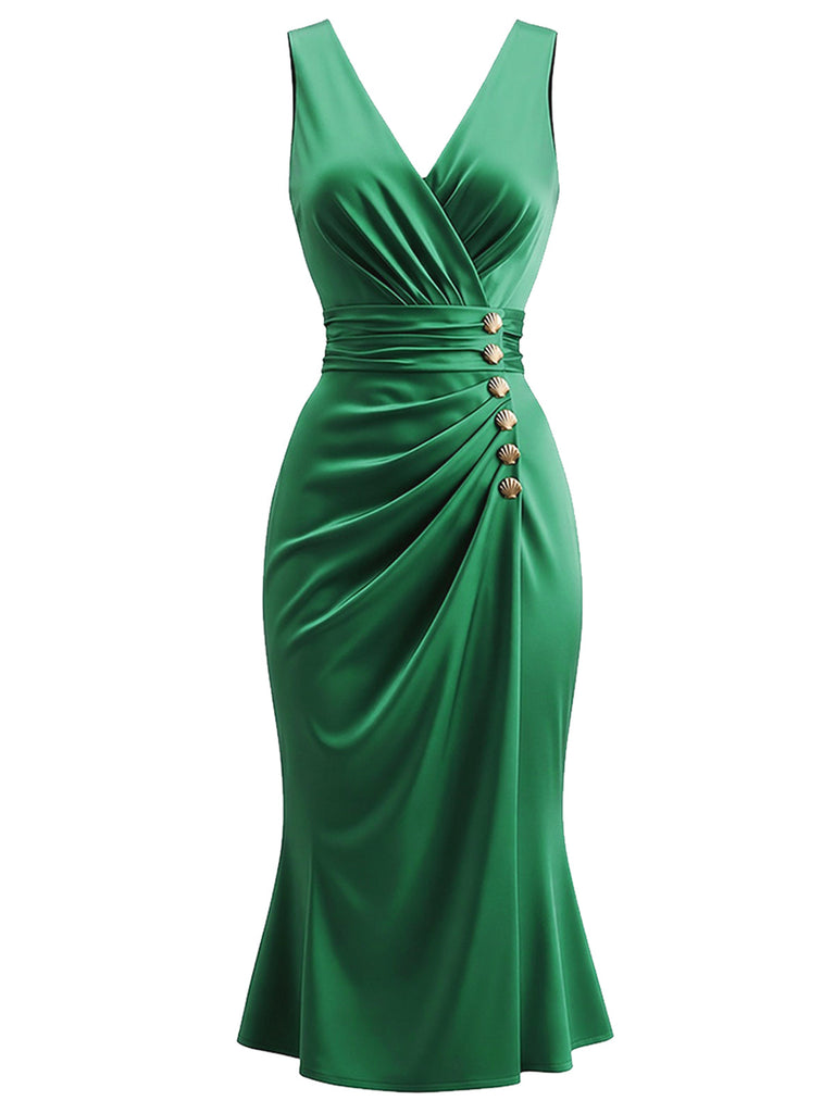 [Prevendita] Abito Verde Anni '50 in Raso Arricciato con Scollo a V e Gonna a Sirena 2