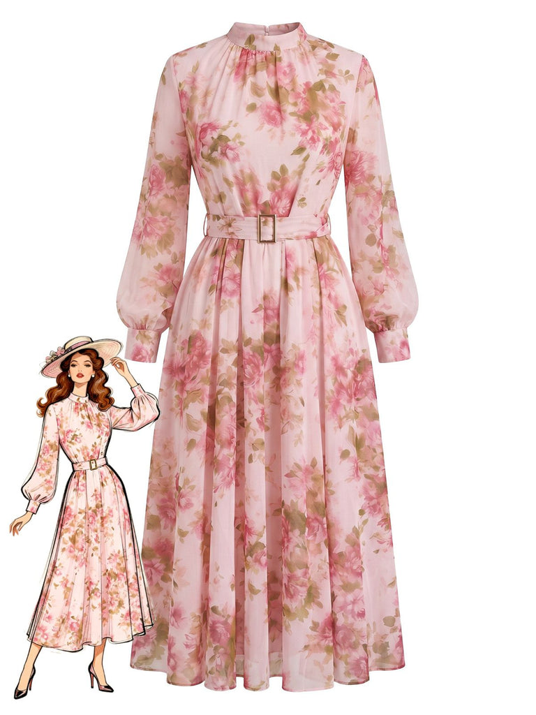 Abito Rosa in Chiffon Floreale Maniche Lunghe con Cintura Anni '40