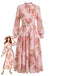 Abito Rosa in Chiffon Floreale Maniche Lunghe con Cintura Anni '40
