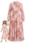 Abito Rosa Anni '40 in Chiffon Floreale con Maniche Lunghe e Cintura