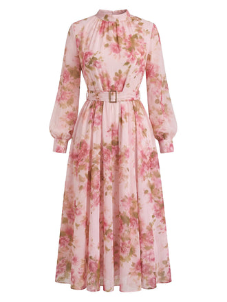 Abito Rosa in Chiffon Floreale Maniche Lunghe con Cintura Anni '40 2