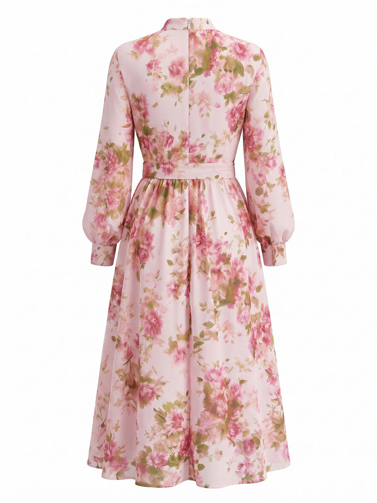 Abito Rosa in Chiffon Floreale Maniche Lunghe con Cintura Anni '40 3