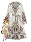 Abito Beige Anni '70 Boho Paisley con Scollo a V e Maniche a Lanterna