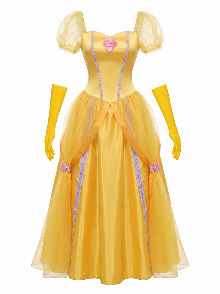 Completo Abito Giallo Anni '70 Principessa Rosa con Fiocco e Maniche a Sbuffo