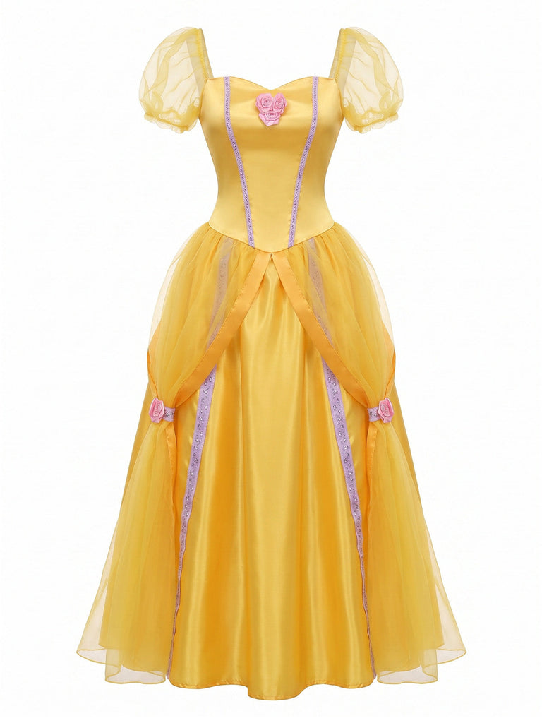 Completo Abito Giallo Anni '70 Principessa Rosa con Fiocco e Maniche a Sbuffo 2