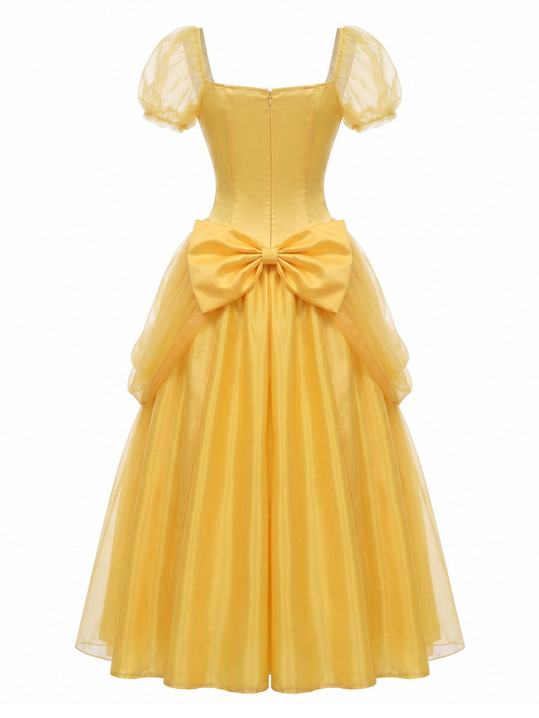 Completo Abito Giallo Anni '70 Principessa Rosa con Fiocco e Maniche a Sbuffo 3