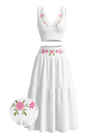 2PCS Gilet Bianco con Ricamo Floreale Scollo a V e Gonna a Balze Anni '50 2