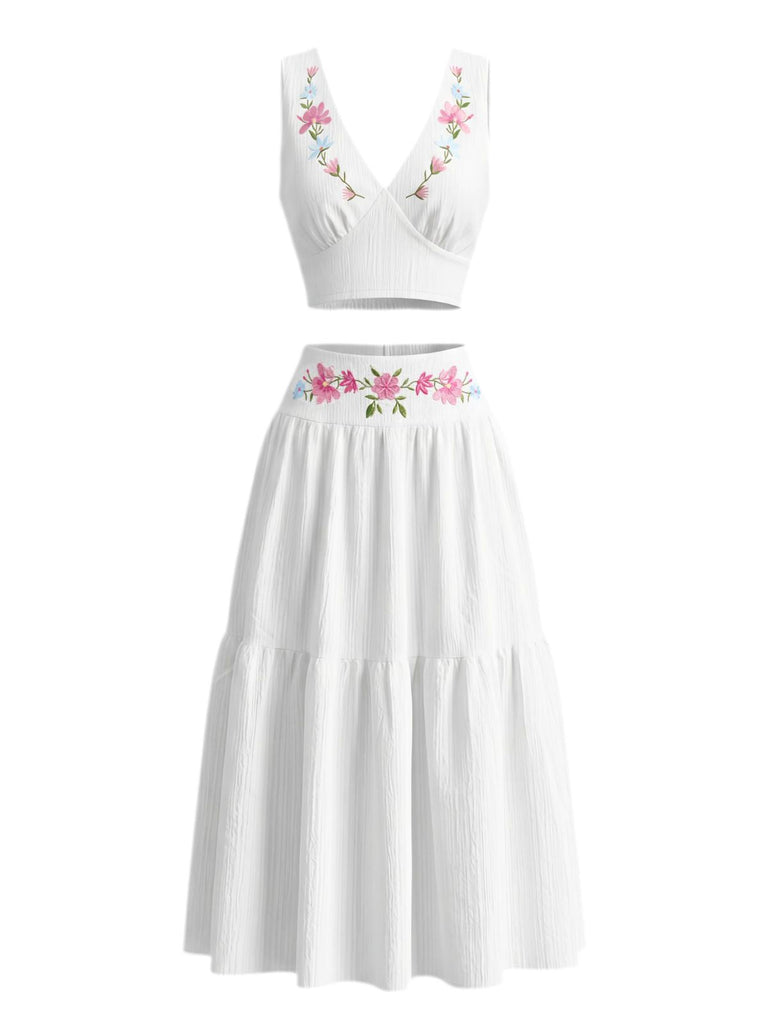 2PCS Gilet Bianco con Ricamo Floreale Scollo a V e Gonna a Balze Anni '50 3