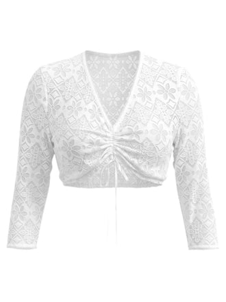 Top Bianco Anni '50 in Pizzo V‑scollo Arricciato Trasparente Corto