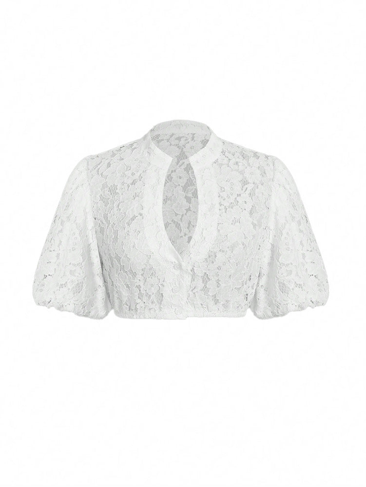 Top Corto Bianco in Pizzo Floreale Trasparente con Keyhole Anni '50