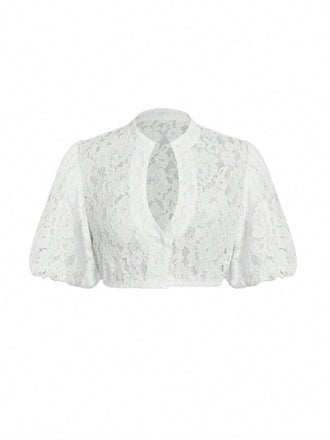 Top Corto Bianco in Pizzo Floreale Trasparente con Keyhole Anni '50