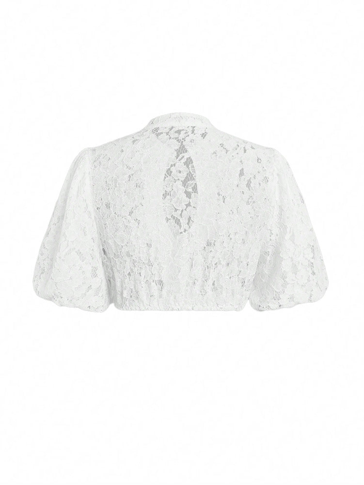 Top Corto Bianco in Pizzo Floreale Trasparente con Keyhole Anni '50 2