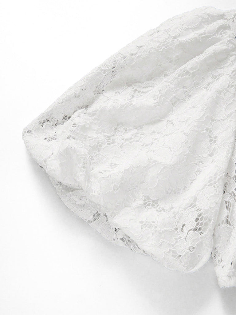 Top Corto Bianco in Pizzo Floreale Trasparente con Keyhole Anni '50 4