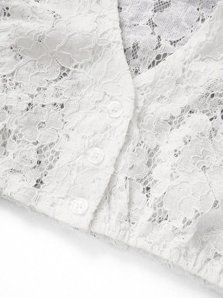 Top Corto Bianco in Pizzo Floreale Trasparente con Keyhole Anni '50 5
