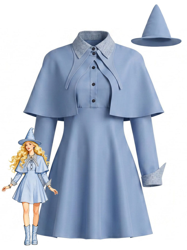 Set Costume Blu Anni '50 da Strega con Abito Mantella e Cappello