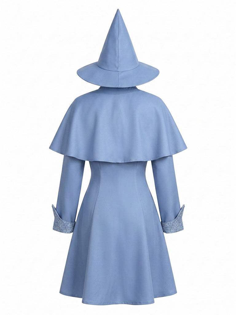 Set Costume Blu Anni '50 da Strega con Abito Mantella e Cappello 3