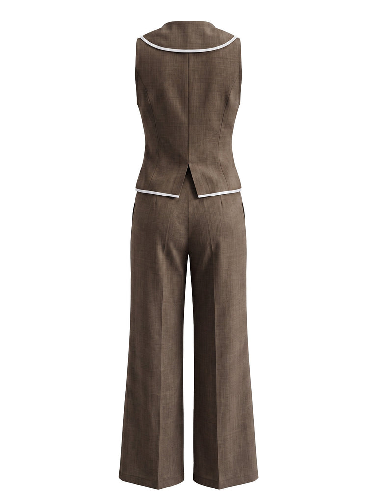 2PCS Pantaloni Azzurro Chiaro Anni '50 Scollo a V Senza Maniche Profili a Contrasto Vest e 5