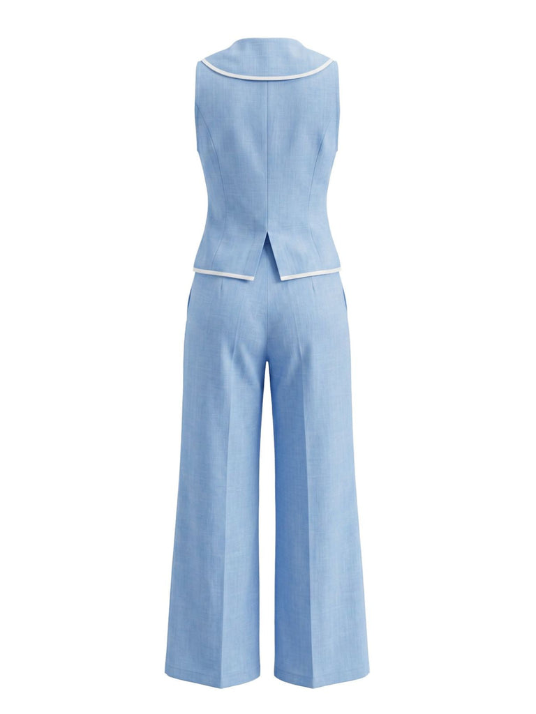 2PCS Pantaloni Azzurro Chiaro Anni '50 Scollo a V Senza Maniche Profili a Contrasto Vest e 3