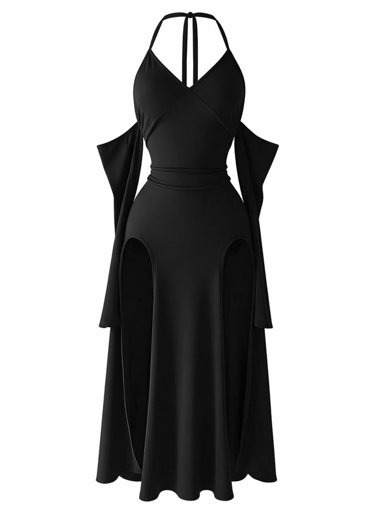 Abito Lungo Bordeaux Anni '60 Gotico con Scollo all'Americana Draped Sleeves High con Spacco 4