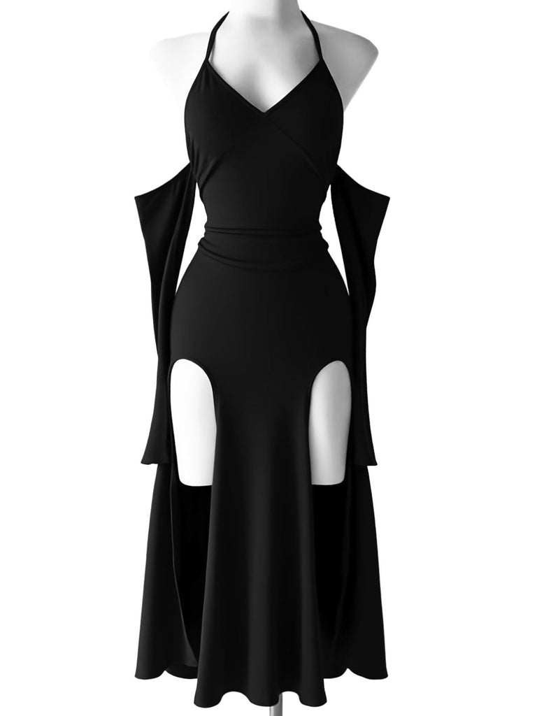 Abito Lungo Bordeaux Anni '60 Gotico con Scollo all'Americana Draped Sleeves High con Spacco 7