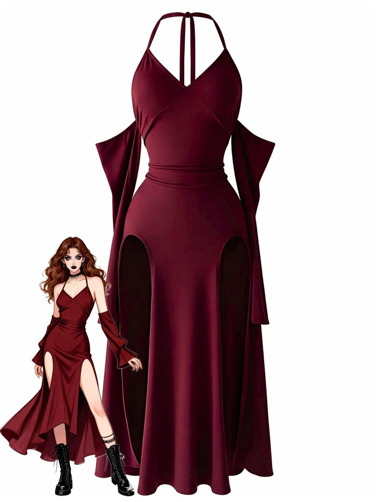 Abito Lungo Bordeaux Anni '60 Gotico con Scollo all'Americana Draped Sleeves High con Spacco